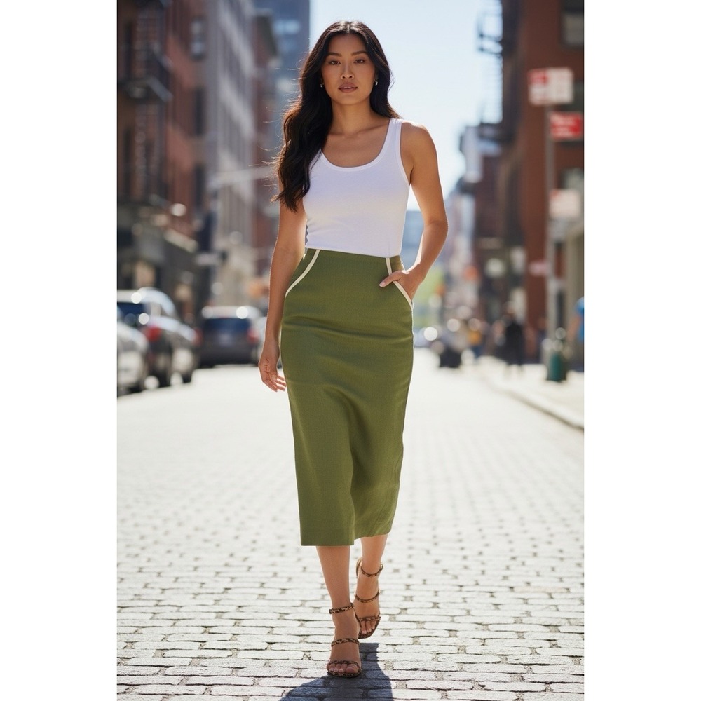 Reformation Size 2 Olive Green 100% Linen High Waisted Slit Pencil maxi Skirt